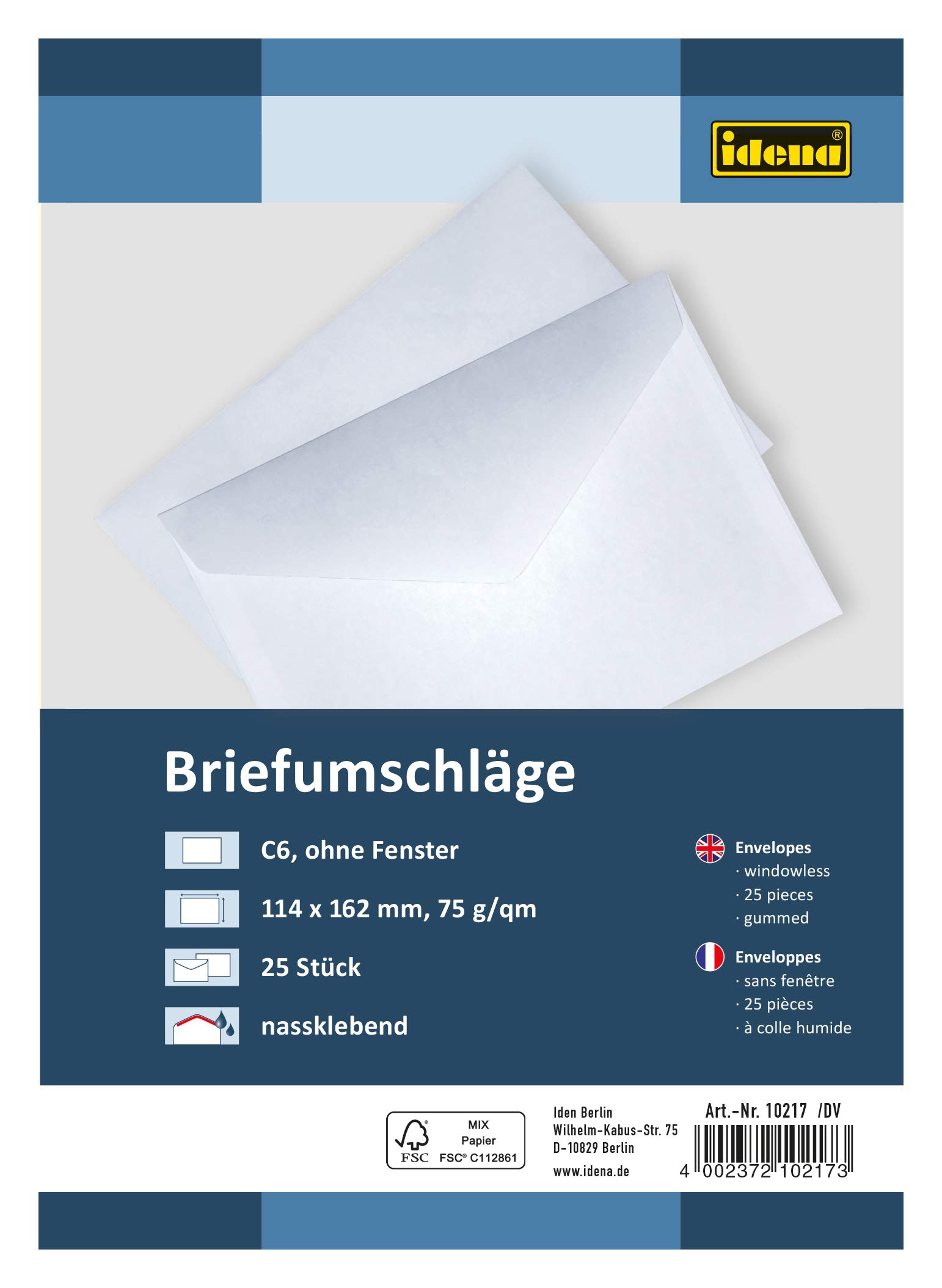 Idena 10217 Envelopes DIN C6, 75 g/m², Gummed Without Window, Pack of 25, White