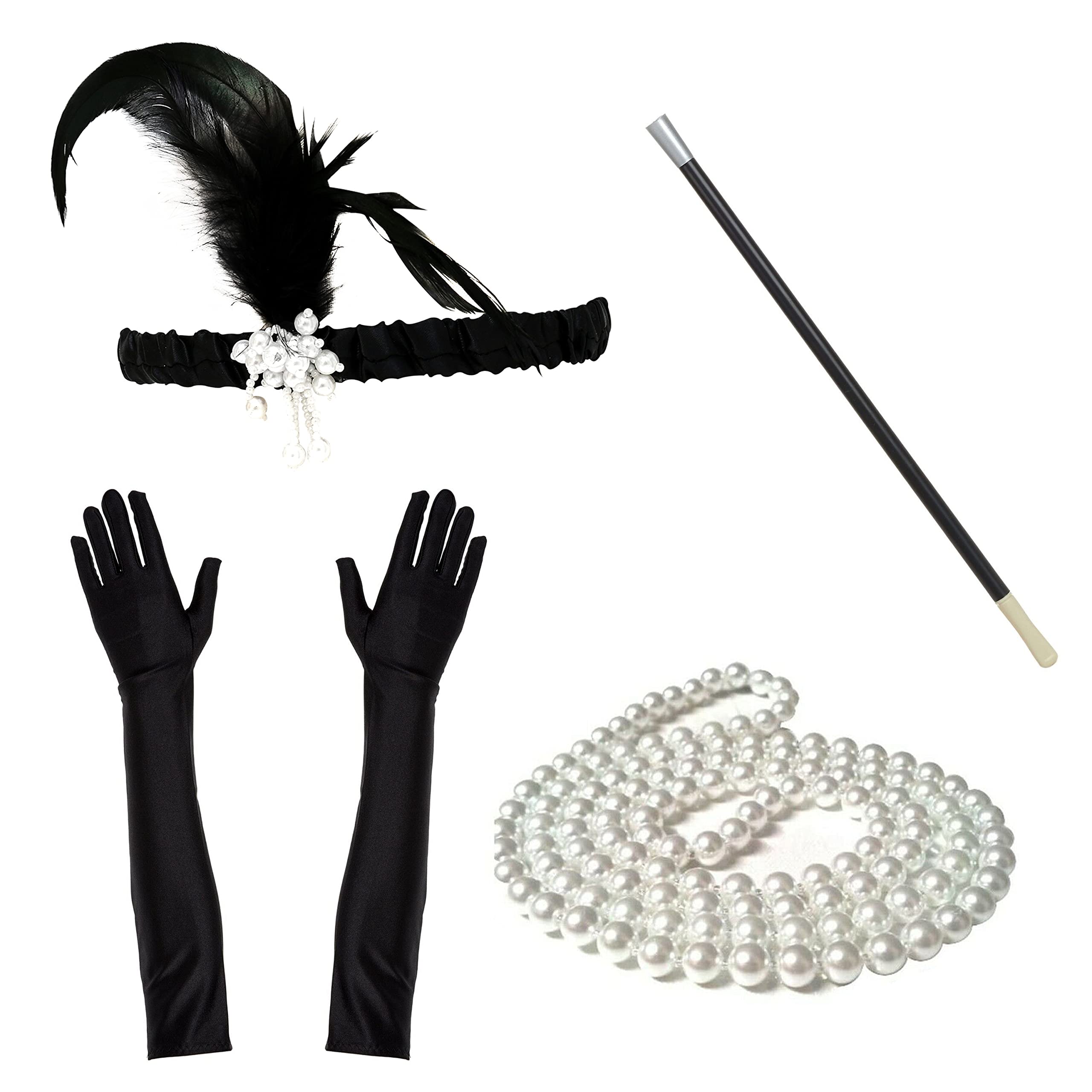Robelli Ladies 1920's Flapper Charleston Fancy Dress Costume Accessories Set (Black)