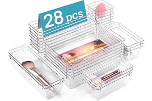 Vtopmart 28 PCS Clear Plastic Drawer Organizers Set, 4-Size Bathroom and Vanity Drawer Organizer Trays, Acrylic Storage Bins for Toiletries, Makeup, Cosmetic, Kitchen Utensils, Tool, Gadgets