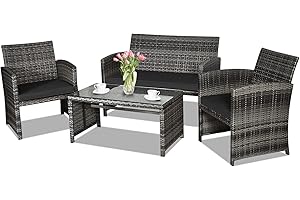 Goplus 4-Piece Rattan Patio Furniture Set, Outdoor Wicker Conversation Sofa with Weather Resistant Cushions and Tempered Glass Tabletop for Lawn Backyard Pool Garden (Black)