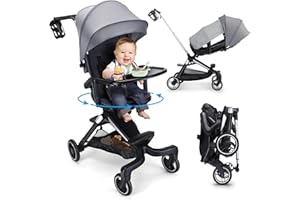 Lightweight Baby Stroller, zebrater Compact Travel Toddler Stroller with Tray and 360°Rotational Seat, One Hand Foldable Infant Trave for Airplane Toddler Stroller with Cup Holder & Bask-Grey