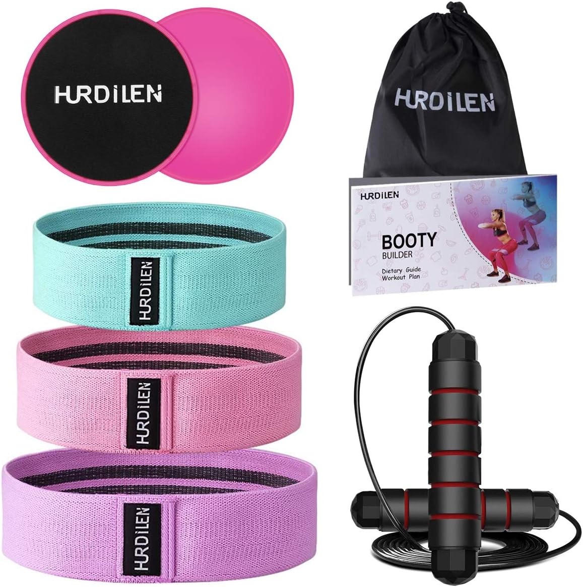 Hurdilen Resistance Loop Bands Set, [5 Pack] 3 Pcs High Elasticity Exercise Bands + 1 Pair of Core Sliders + 1 Speed Jump Rope, Ideal Sport Exercise Series with Portable Bag for Home Fitness Gym