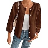 Cicy Bell Womens 3/4 Puff Sleeve Cardigan Sweater Fall Trendy Casual Button Up Loose Fit Cropped Knit Sweaters