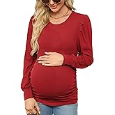 Onedreamer Women's Maternity Shirts Puff Sleeve Round Neck Tunic Top Casual Pregnancy Clothes