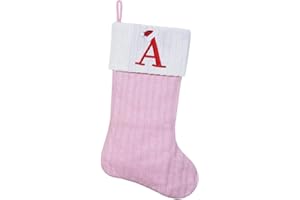 Shgngle Pink Knit Christmas Stockings Personalized, 19.5 Inches Embroidered Letter Christmas Stocking for Holiday Decorations and Xmas Gift(Initial A)