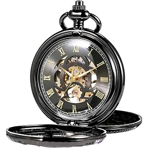 TREEWETO Pocket Watch Classic Smooth Double Case Mechanical Silver Pocket Watches Steampunk Roman Numerals Fob Watch for Men