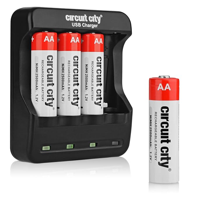 Circuit City USB AA Battery Charger with 4 NiMH 2500mAh Rechargeable AA Batteries Convenient USB Charging Input 4 Slots Portable Travel-Friendly Design