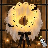 Lifnatty Halloween Ghost Wreath for Front Door, Lighted Halloween Wreath with Timer, 8 Lighting Modes, 2 Brightness Levels, Spooky Halloween Door Wreath for Front Porch, Wall, Entryway, Indoor Outdoor