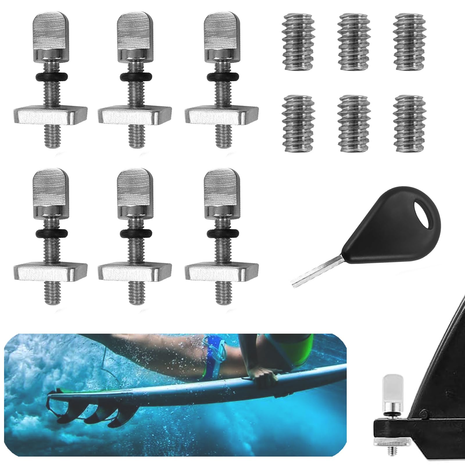 6 Pcs Surfboards Fin Screw, 1 Pcs Surfboard Fin Key, 6 Pcs Fin Grub Screws, Sup Fin Screws For Surfboard Tail Flat Straight Brace Brackets, Long Board, Inflatable Sup, Paddle Boards, Surfboard Fin