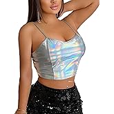 Metallic Tank Top for Women - Shiny Rave Wear, Holographic Party Clubwear, Silver Iridescent Yoga Crop Top