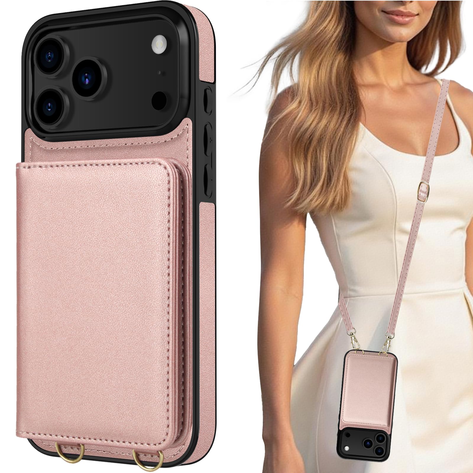 LOHASIC for iPhone 17 Pro Max Case Wallet with Detachable Crossbody Strap & Wrist Lanyard, RFID Blocking, 4 Card Slots 2 Cash Pockets, Leather Case with Card Holder for Women Girls, Rose Gold/Pink