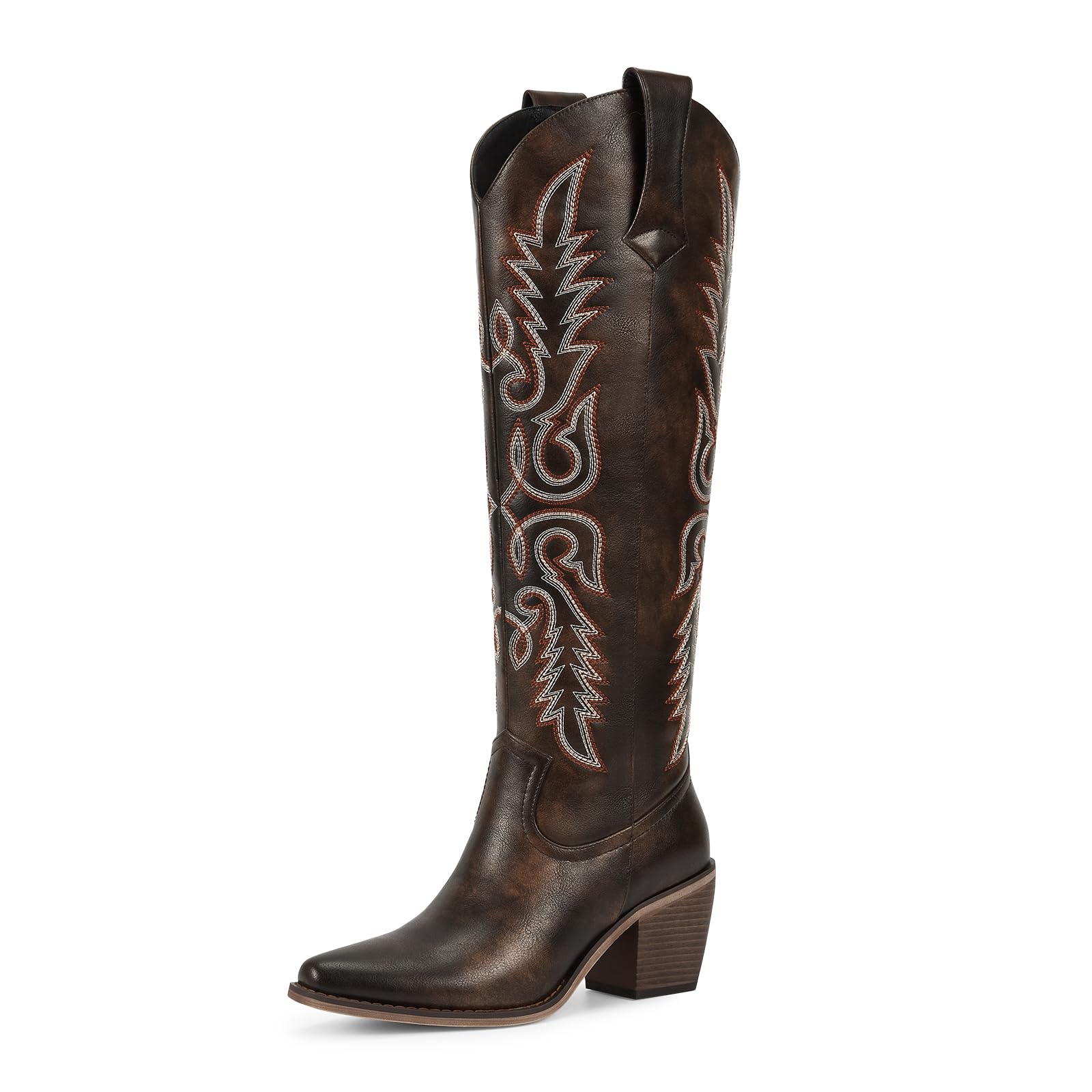 Photo 1 of **2 right boots** wetkiss Womens Chocolate Brown Tall Cowboy Boots Side Zipper Dark Brown Cowgirl Boots Knee High Woman Western Retro Vintage Embroidery Pointed Toe Chunky Heel Ladies Size 7