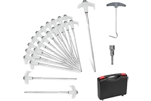 IBEQUEM 24Pcs Screw in Tent Stakes 10 Inch Glow in The Dark Heavy Duty Metal Tent Nails with A Hex Head Adapter Metal Threade