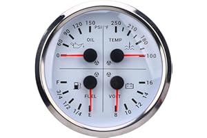 110mm Gauge, 4 in 1 Multifunction Gauge, Fuel Level/Oil PSI (0-150 PSI) / Water Temp (100-250°F) / Voltmeter (8-16V DC), 4 3/