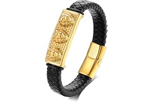 BIYONGDE Mens Black braided leather Bangle Bracelet, Vintage Stainless Steel Roaring Lion Head, Two-row