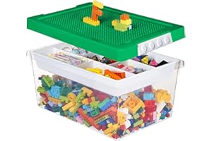 loobuu Plastic Storage Bins with Lids - 1 Set Stackable Arts Crafts Organizer Box with Removable Divided Tray &Compatible Building Baseplate,Toy Chest Containers for Bricks - (14.37"x9.64"x6.69")