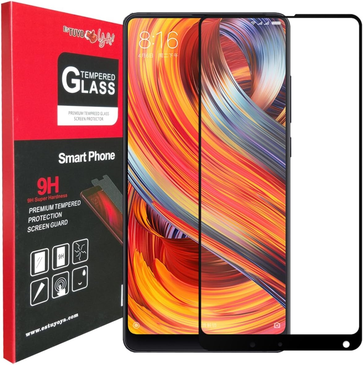 Estuyoya - Screen Protector compatible with Xiaomi Mi Mix 2,Tempered Glass [Full Flat Part Cover] Ultra Resistant [Hardness 9H] Anti-Scratch Ultra Clear Mi Mix 2 Full Protector [2.5D Edges] - Black