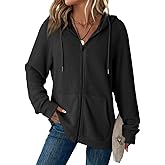 Dokotoo Women's Full Zip Up Hoodies Waffle Knit Long Sleeve Drawstring Casual Sweatshirt Hooded Tops