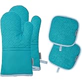 Tormays 4Pcs Oven Mitts and Pot Holders Set, 572F Heat Resistant Oven Glove, Soft Cotton Lining with Non-Slip Surface for Kitchen Baking BBQ (Turquoise)