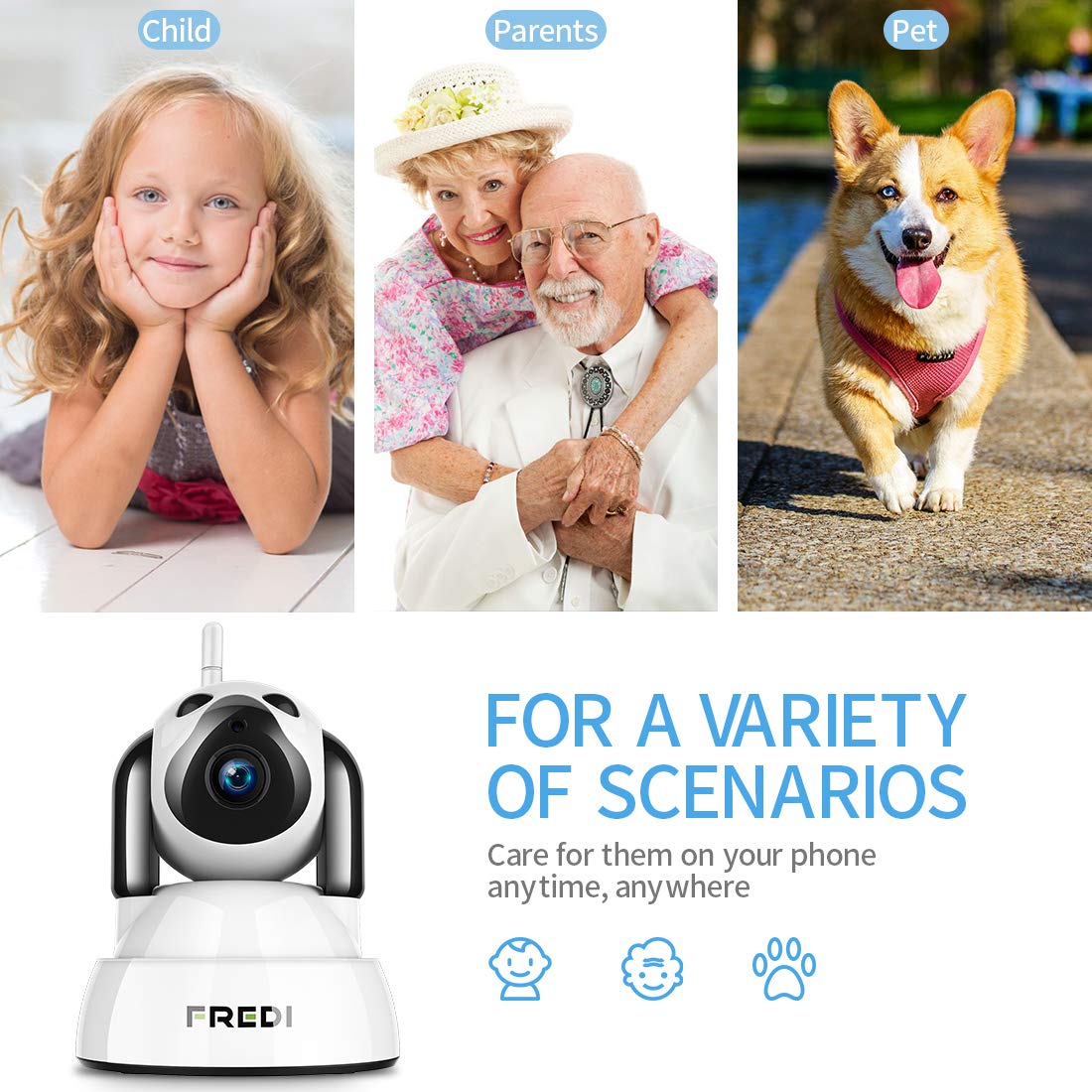 FREDI 720P HD IP Telecamera di Sorveglianza Wifi Wireless Camera Interno Telecamera wi-fi senza fill con Controllo Remoto, Audio Bidirezionale, Modalità Notturna a Infrarossi Videocamera di sorveglianza Camera Compatibile con iOS Android PC