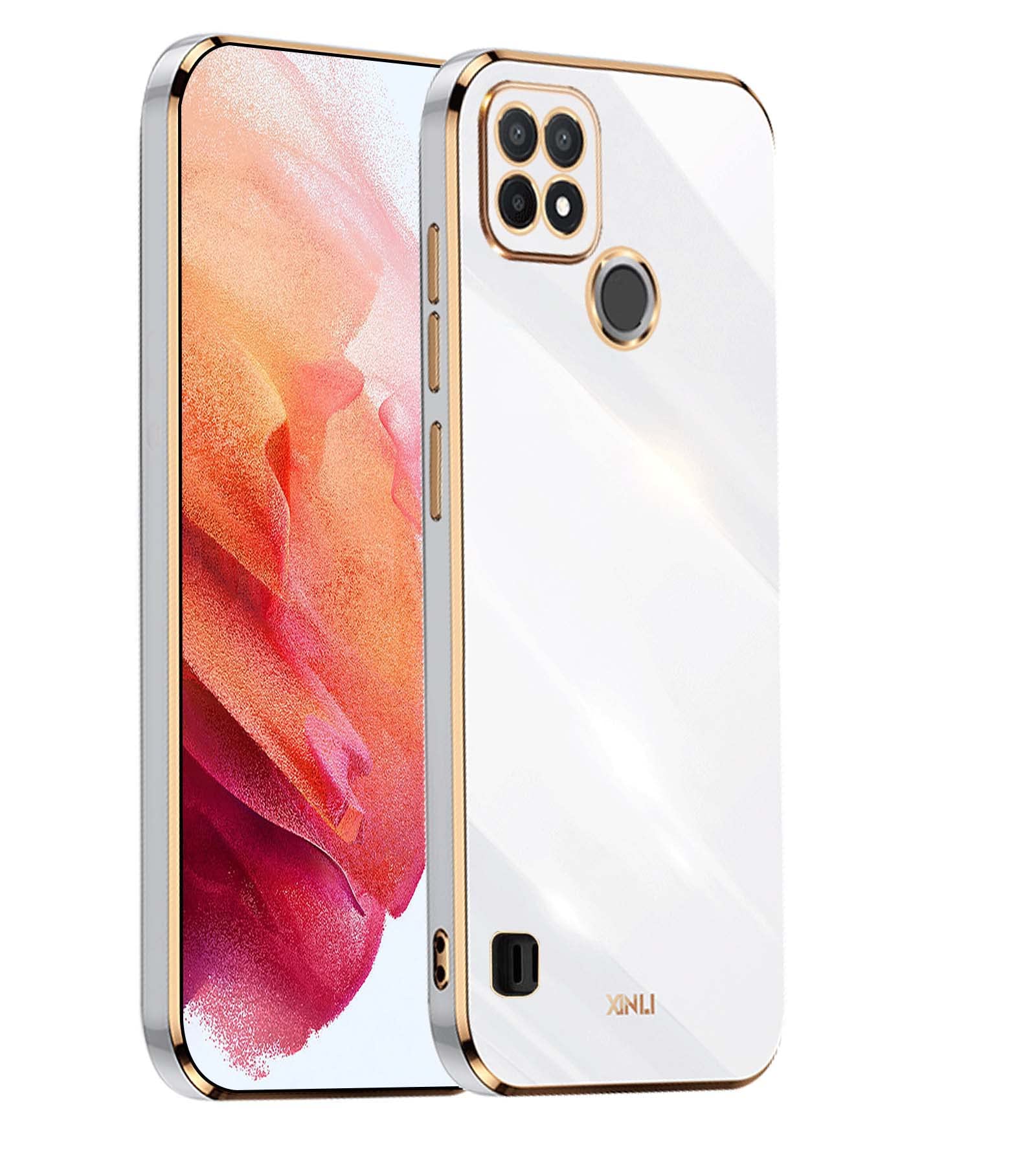 WEIOU Soft TPU Cover for Realme C21Y (C21-Y) / Realme C25Y Case, Slim Non-Slip Flexible Protective Shock Absorption Golden Border Plating Phone Shell Bumper - White