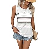 EyMuse Striped Tank Top Women Summer True Classic T Shirt Crew Neck Casual Loose Tops 2025 Trendy Blouse,White,L
