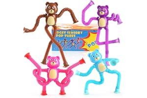 EOWVSIO Bear Sensory Toys 4Pcs for Toddlers Kid Boy, Travel Airplane Activities Suction Autism Pop Tube Fidget Toys ADHD Autism Plane Road Trip Activities Essential,Stocking Stuffer Autistic Gifts