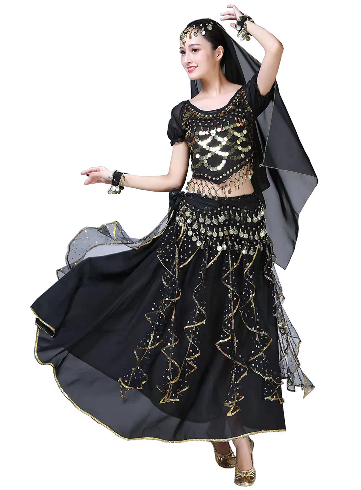 Photo 1 of ORIDOOR Women Belly Dance Dress Indian Bollywood Halloween Costume Chiffon Skirts Shiny Belly Dance Suits 5-Piece Outfit (004 Black, One Size)