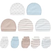 MAMIMAKA Baby Hat and Mittens Set Cotton Newborn Baby Hats Caps for Boys and Girls, 0-6 Months