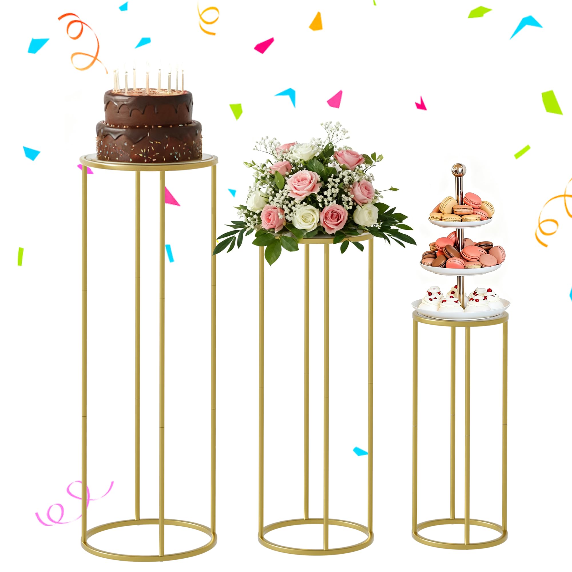 Photo 1 of **MISSING HARDWARE**Urban Deco Cylinder Stands for Party, 3Pcs Gold Round Pedestal Stand for Parties, Metal Cake Stands with Acrylic Countertop, Cilindros para Fiestas for Birthday Party Wedding Baby Shower Decor