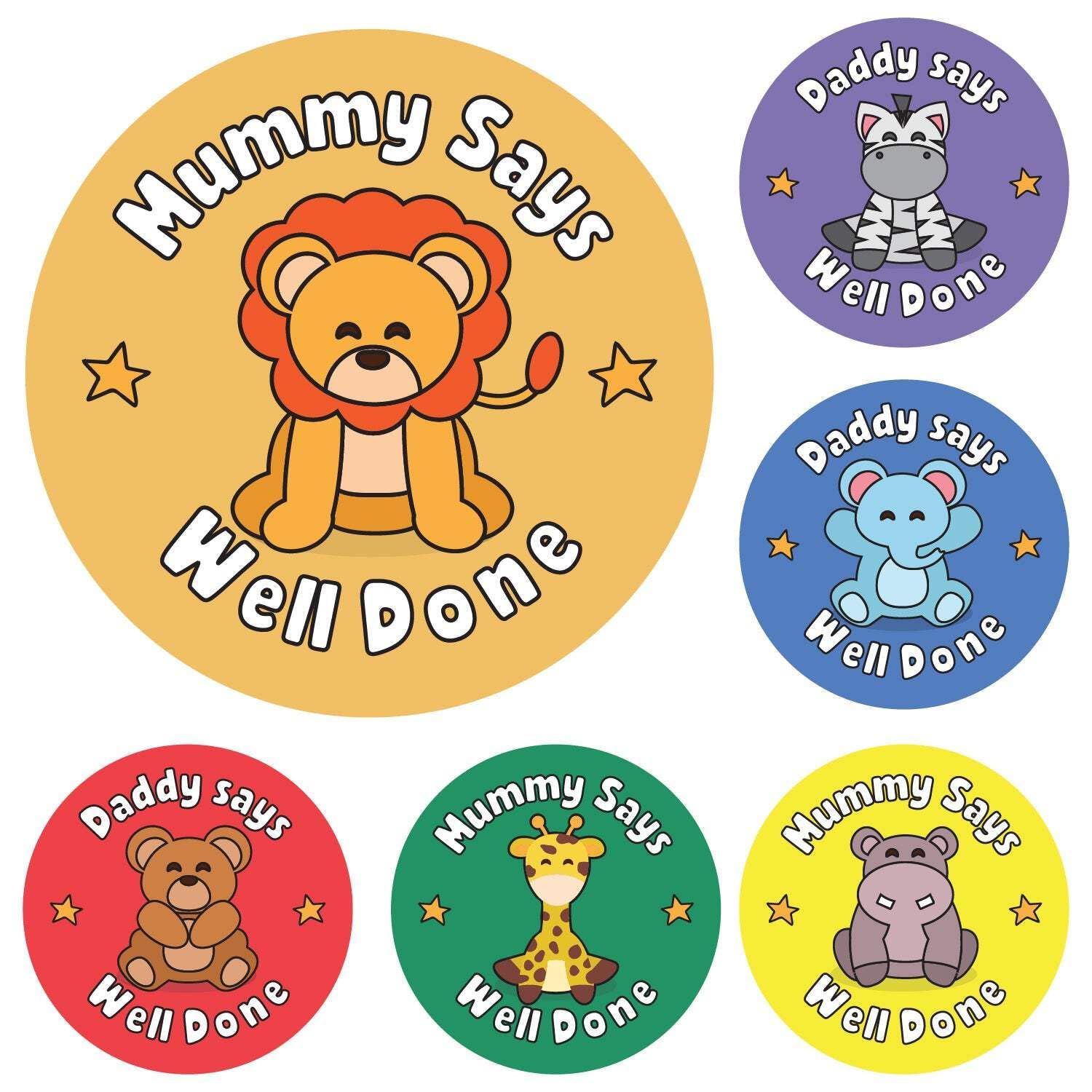 Classroom Stickers 144 Mummy & Daddy Says Well Done Animal Reward Stickers, White, Vibrant, Glitter, Round, Indoor, 30mm, Paper, Self-adhesive, Stickers