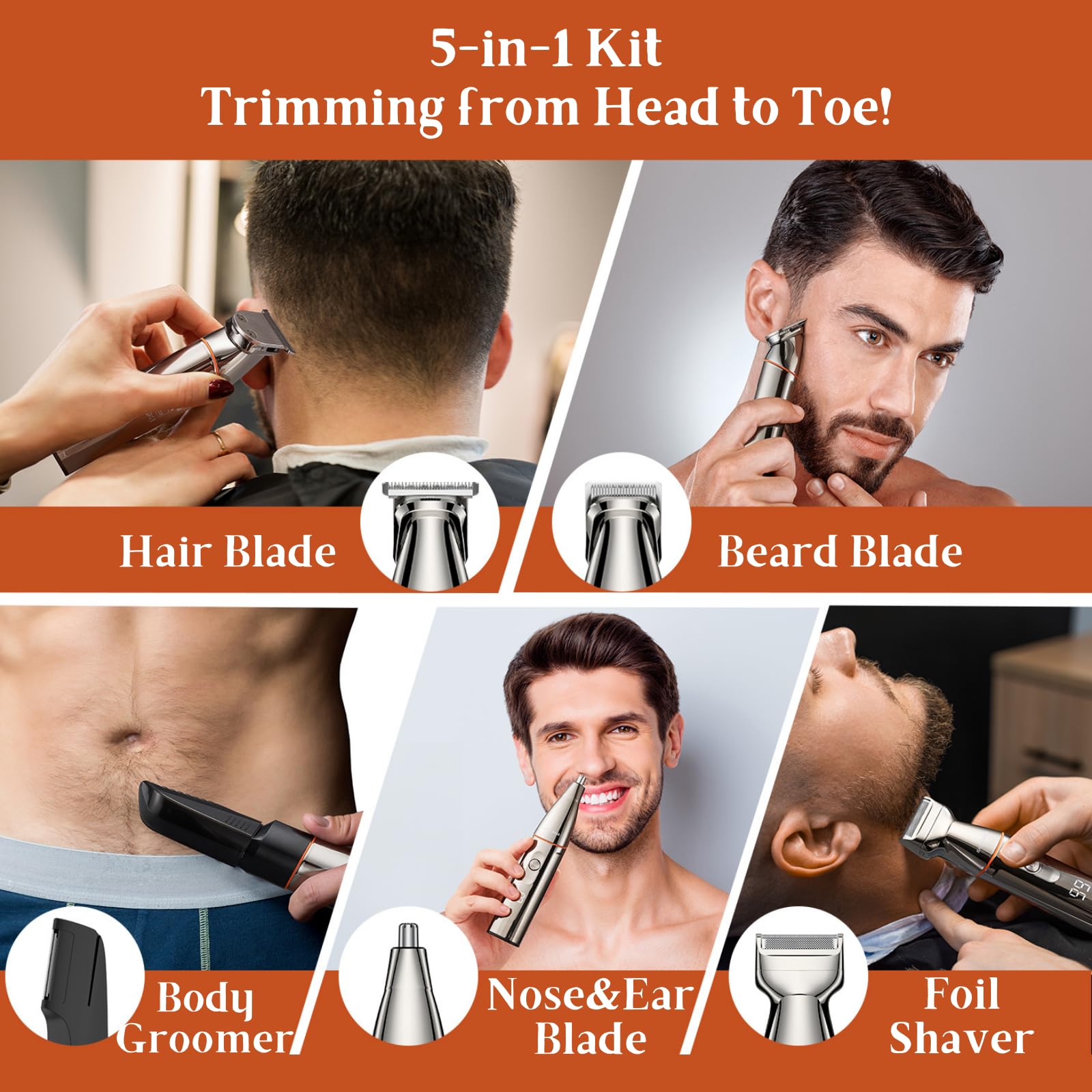 BarberBoss rasierer herren elektrisch, bartschneider herren, 5-in-1 Pflegeset für Männer, Haarschneidemaschine, Bartschneider-Set, Detailrasierer, Präzisionstrimmer für Nase, Ohren & Körper, QR-6010 5