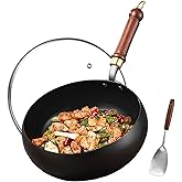 UMETRE Carbon Steel Wok Pan, 9.5" Woks & Stir-Fry Pans with Glass Lid Cookwares, Nonstick Wok Flat Bottom Small Handmade Chinese Wok For for All Stoves