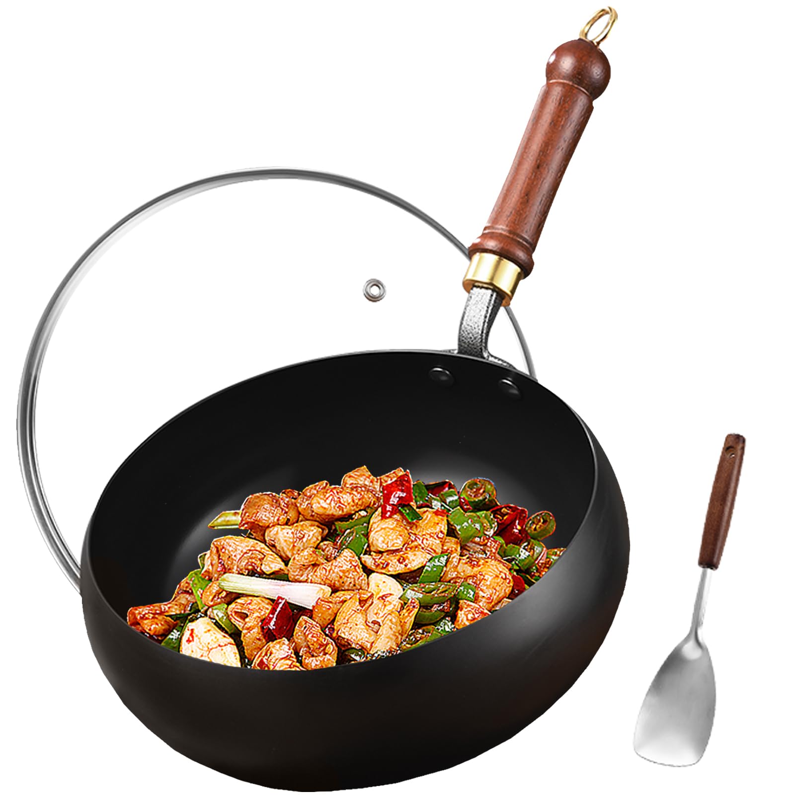 Photo 1 of UMETRE Carbon Steel Wok Pan, 11" Woks & Stir-Fry Pans with Glass Lid Cookwares, Nonstick Wok Flat Bottom Small Handmade Chinese Wok For for All Stoves