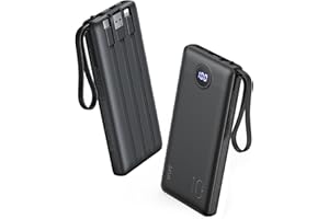VRURC Portable Charger, 22.5W Slim Power Bank Fast Charging, 10000mAh USB C Portable Phone Charger, Compact Travel Battery Pack with Built-in Cables for iPhone 16 15 14 13, Samsung-Black(1 Pack)