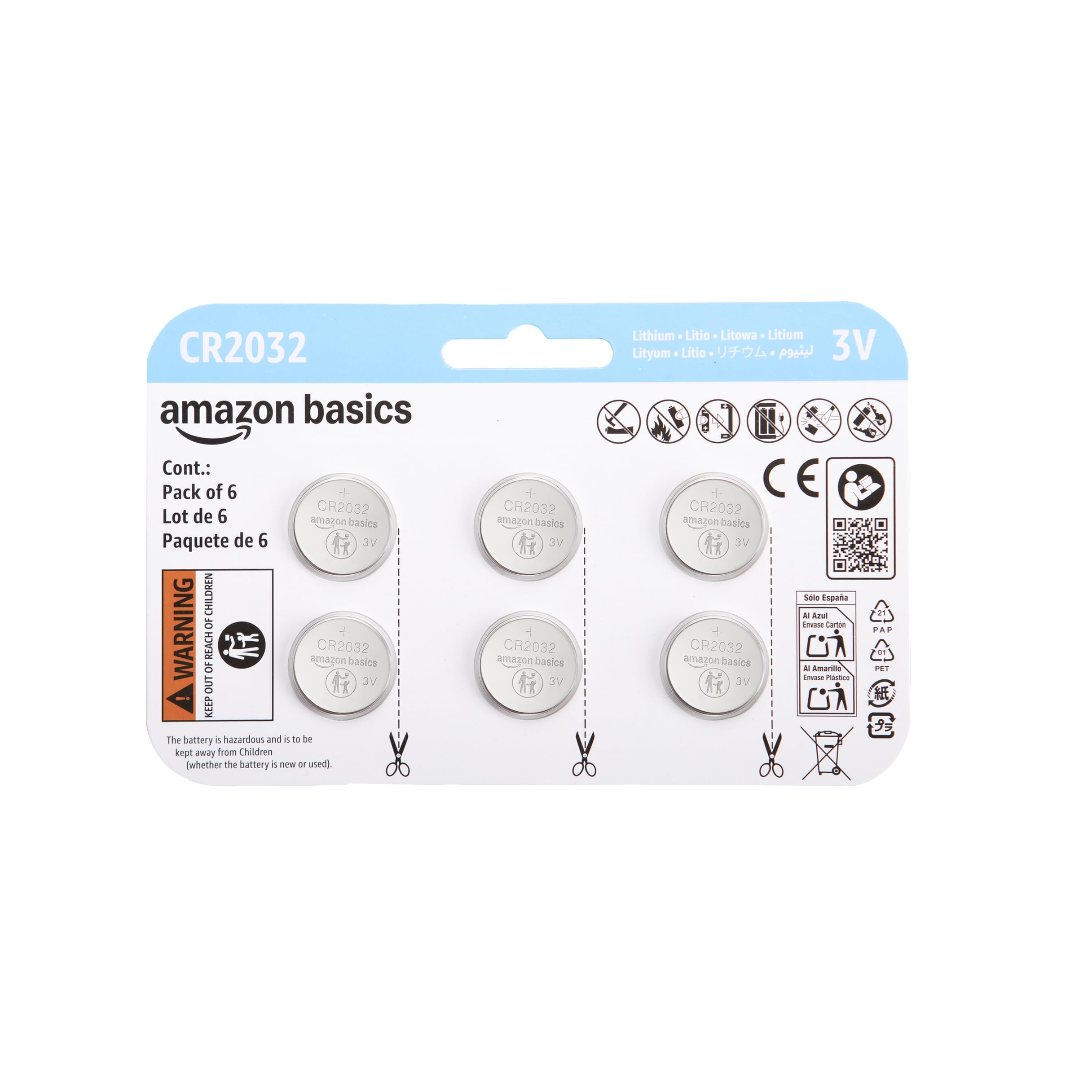 Amazon Basics CR2032 Lithium Batteries, 6-Pack, Child-Proof Package, Non-Coated - AirTag Compatible