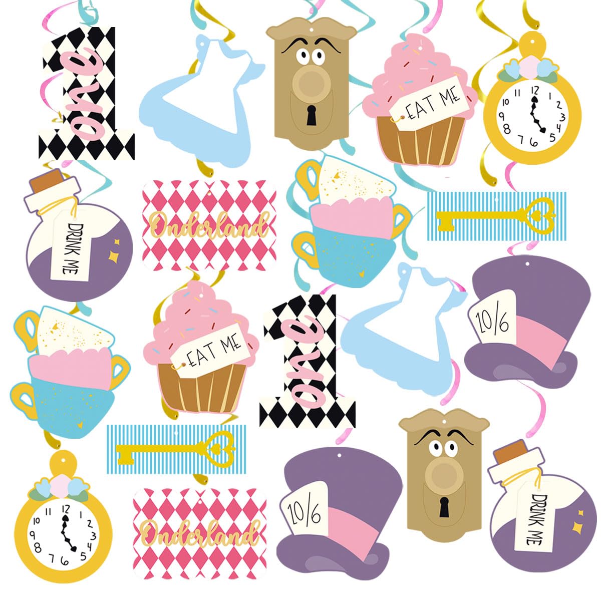 Photo 1 of 20Pcs Alice Hanging Swirl Decorations, Alice in Onderland 1st Birthday Party Hanging Streamers Whirl, Wonderland Theme Birthday Ceiling Hanging Decor for Girl First Tea Party