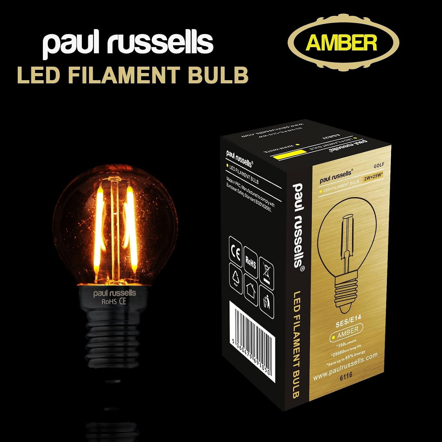paul russells LED Filament Golf Ball Light Small Edison Screw E14, 20W Equivalent G45 Bulbs, 2.5W 200LM LED 2200K Amber Lamps - Image 3