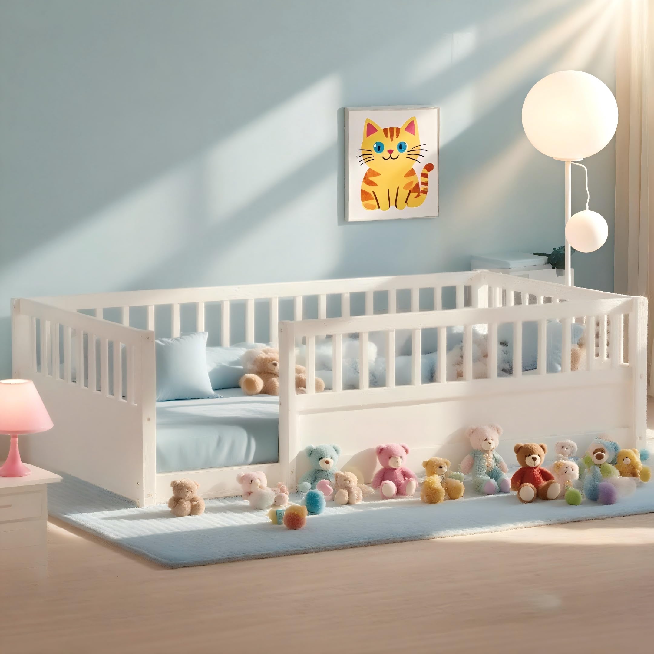 Photo 1 of ******BRAND NEW ITEM***** DNYN Full Size Montessori Floor Bed for Kids Bedroom,Wooden Bedframe w/Fence,Space Saving Design & Easy Assemble & No Box Spring Needed, White