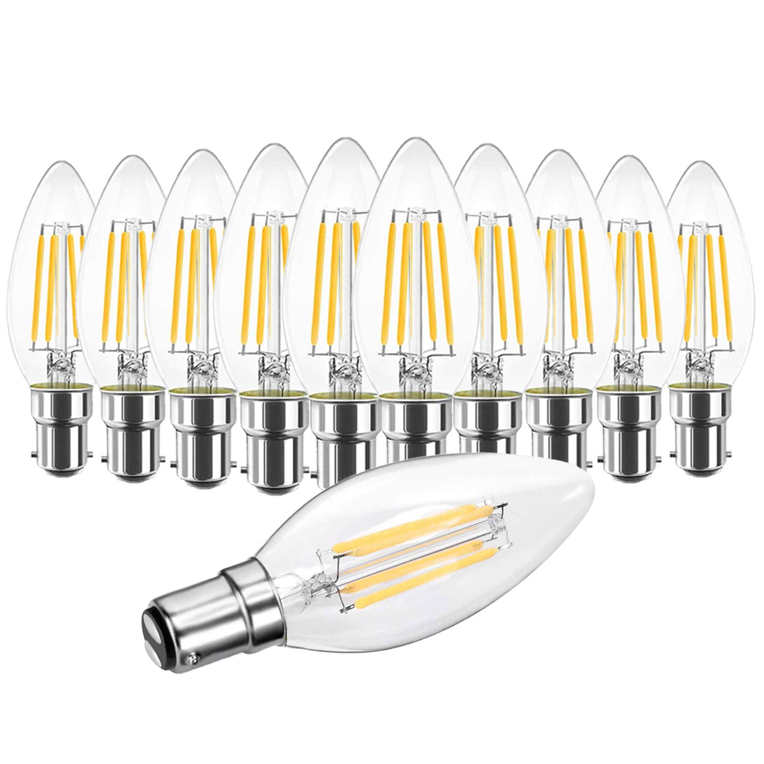 WULUN 4W B15 Filament LED Candle Bulb Edison Vintage B15 Bayonet Cap Warm White 2700K 400LM 40W Incandescent Bulbs Equivalent Non-Dimmable No Flicker 10-Pack