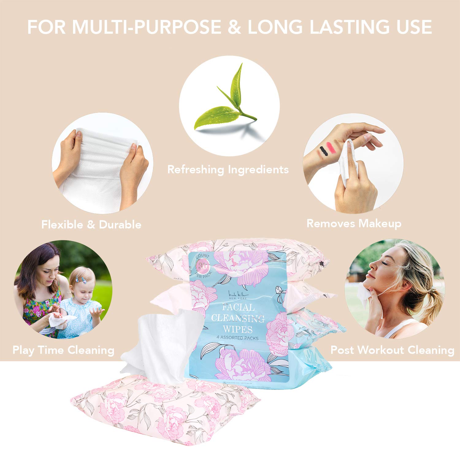 Nicole Miller 4 Pack Facial Cleansing Wipes (30 Count Each), 120 Facial Cleansing Cloths, Removes Makeup, Mascara, Dirt and Oil (Sweet Jasmine, Rose Gardenia, Pink Grapefruit & Island Coconut): Beauty