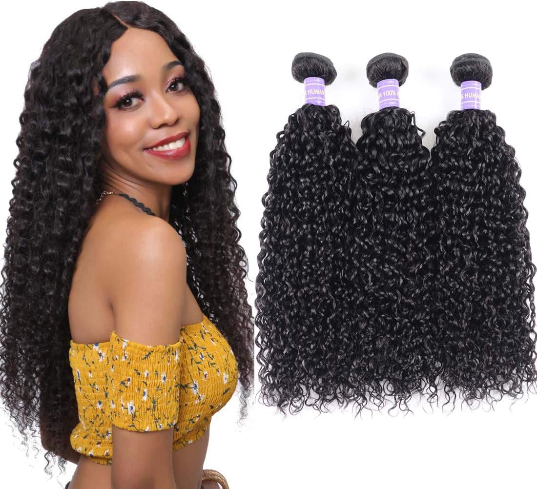 Donmily Hair Brazilian Virgin Human Hair Jerry Curly Pack of 3 Hair Weave Weft Extensions Natural Color 95-100g/Bundle (16 18 20, Natural Color)