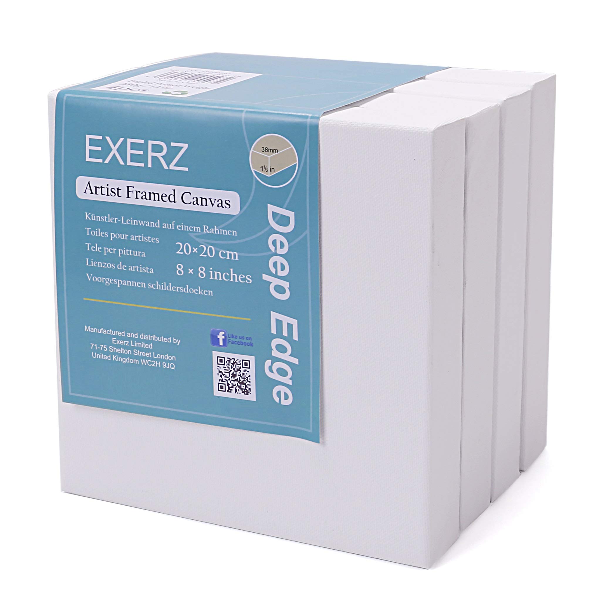 EXERZ 20x20cm Deep Edge Canvas 3.8cm Framed 4pcs, 380GSM 3D Artist Pre-Stretched Square Canvas 100% Cotton/Blank/Triple Primed/Acid Free/Medium Grain/Professional, Acrylic, Oil (20x20cm 4pk)