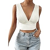 SweatyRocks Women's Solid Deep V Neck Backless Crop Top Sleeveless Slim Fit Textured Tank Top Summer