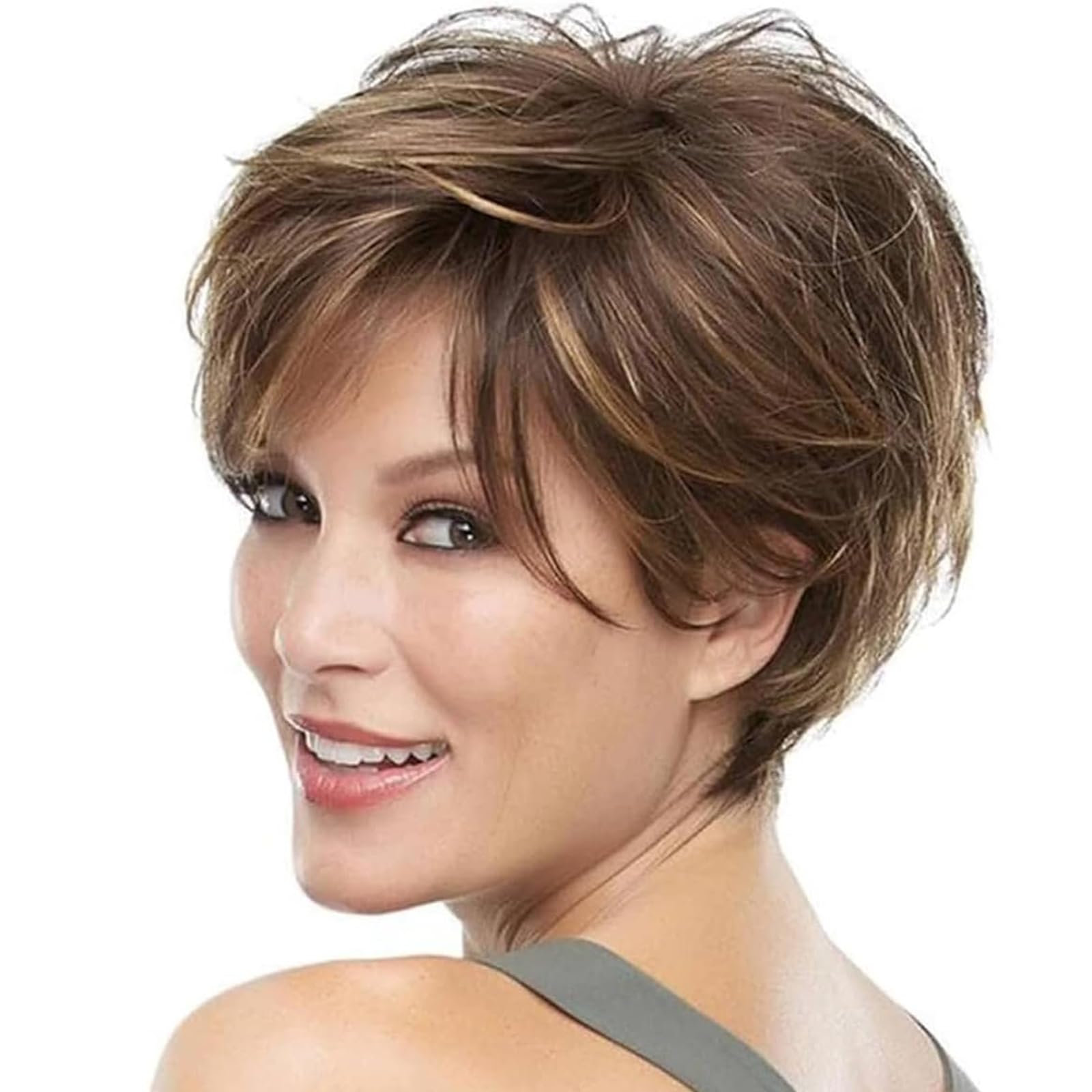 Photo 1 of (USED/FAIR) (BAGGED) QUEENTAS Short Wigs for White Women Bob Brown Pixie Cut Wig Realistic Synthetic Brunette Wig with Bangs for Daily(Brown Mixed Blonde)