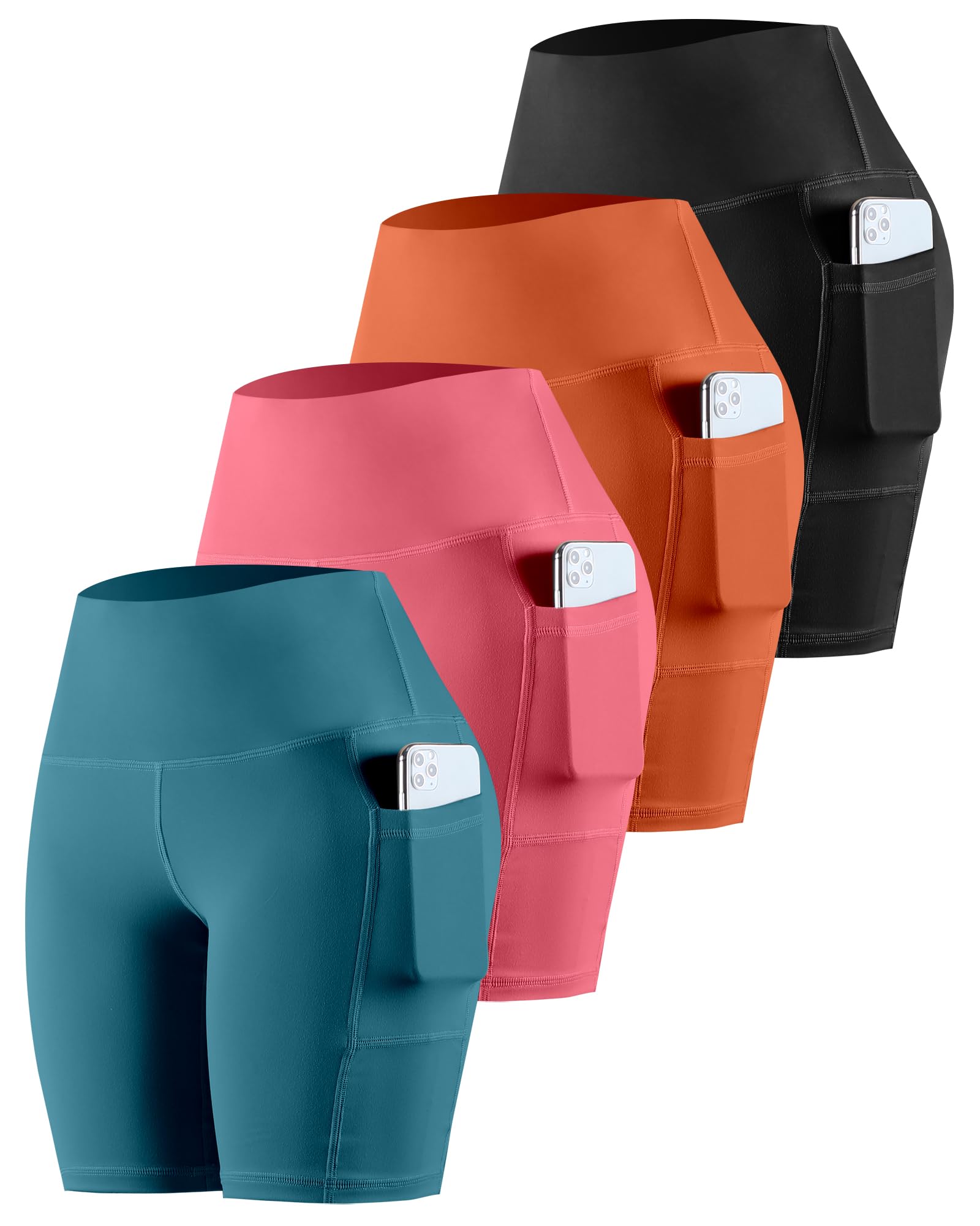 Photo 1 of CHRLEISURE Womens Biker Yoga Shorts with Pockets: High Waisted Tummy Control Spandex Workout Athletic Gym Shorts 4 Packs(8'' Black, Orange, Coral Pink, Blue XL)
