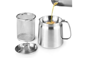 FIJINHOM Bacon Grease Container with Strainer, 304 Stainless Steel Grease Container for Kitchen with Dust-proof Lid & Basket, Dishwasher Safe Cooking Oil Container, 68oz/2L