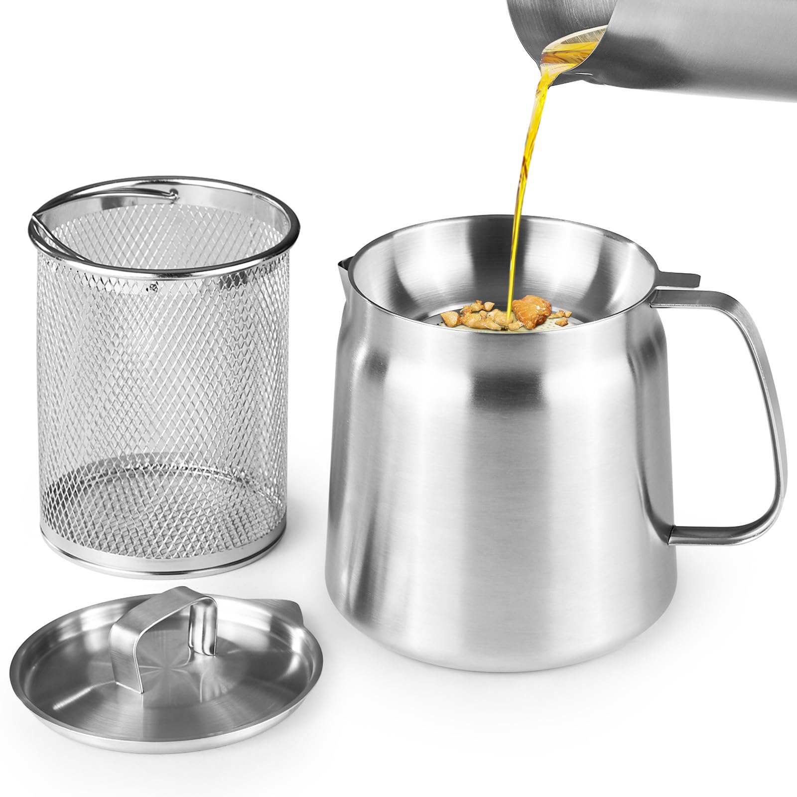 Photo 1 of 68oz/2L 304 Stainless Steel Oil Container, Cooking Oil Filter Pot with Mesh Strainer, Grease Container with Lid for Kitchen, Dishwasher Safe