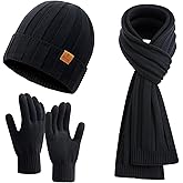 Coolprince Mens Winter Beanie Hat Long Scarf Touchscreen Gloves Set with Fleece Lined Warm Knit Skull Caps Neck for Men Women