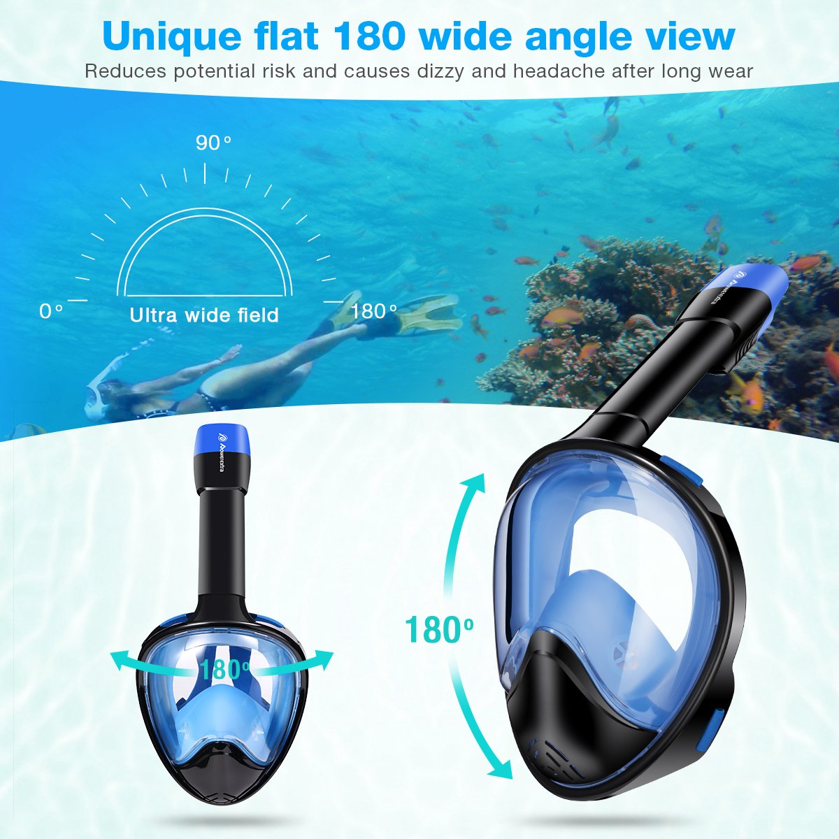 Powerextra Snorkel Mask 180° Panoramic View Anti-fog Anti-leak Design for Gopro and other Detachable Camera Mounts (Size: L/XL)